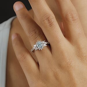 D'Joy Cambodian Blue Zircon and White Zircon 2.25 ctw Ocean Blooming Ring in Rhodium Over Sterling Silver (Size 6.0)