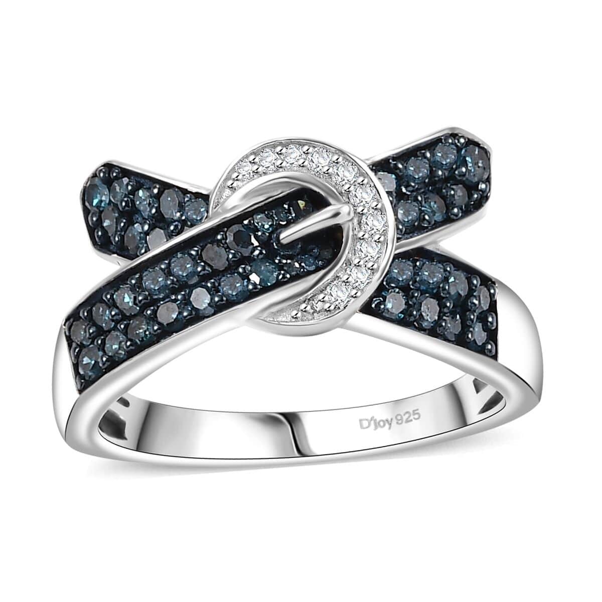 Blue and White Diamond 0.50 ctw Buckle Ring in Rhodium Over Sterling Silver (Size 10.0) image number 0