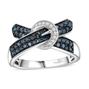 Blue and White Diamond 0.50 ctw Buckle Ring in Rhodium Over Sterling Silver (Size 10.0)