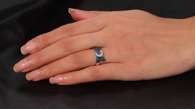 Blue Diamond (IR), White Diamond Buckle Ring in Rhodium Over Sterling Silver (Size 10.0) 0.50 ctw