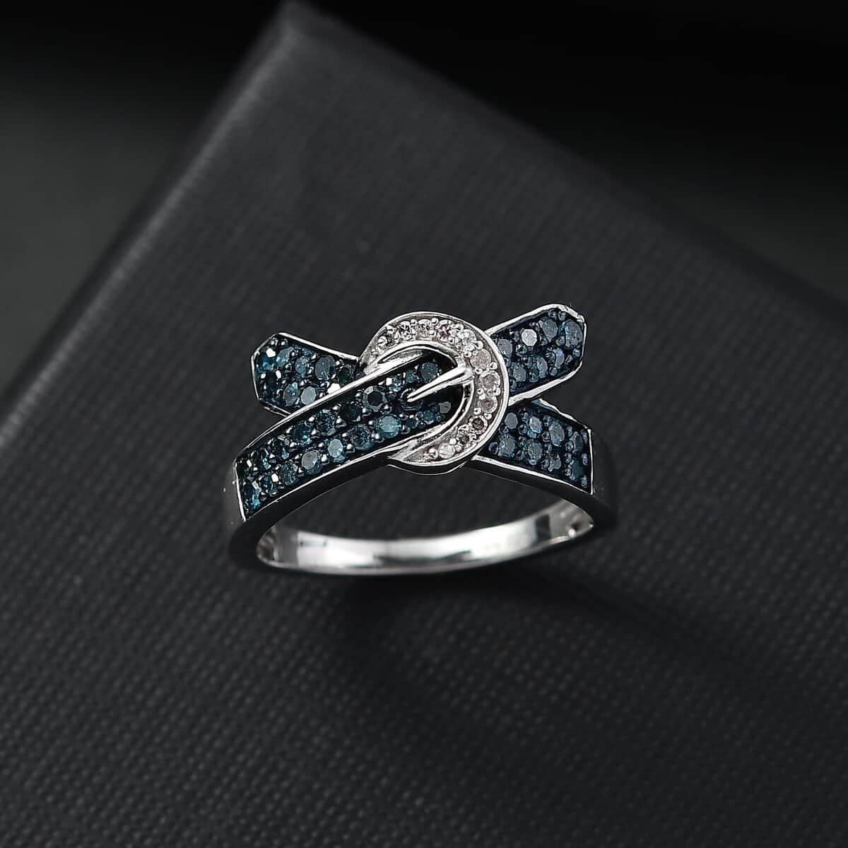 Blue and White Diamond 0.50 ctw Buckle Ring in Rhodium Over Sterling Silver (Size 10.0) image number 1