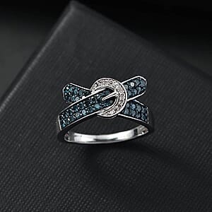 D'Joy Blue and White Diamond 0.50 ctw Buckle Ring in Rhodium Over Sterling Silver (Size 10.0)