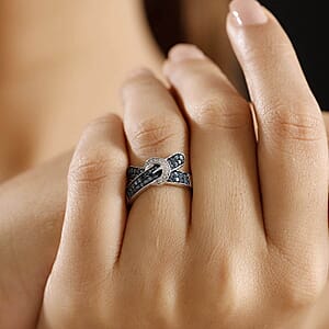 D'Joy Blue and White Diamond 0.50 ctw Buckle Ring in Rhodium Over Sterling Silver (Size 10.0)