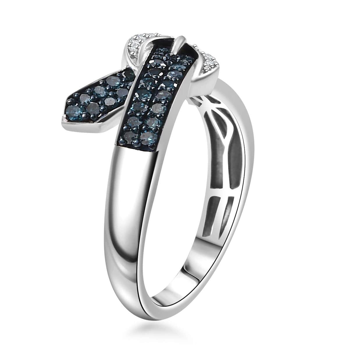 Blue and White Diamond 0.50 ctw Buckle Ring in Rhodium Over Sterling Silver (Size 10.0) image number 3