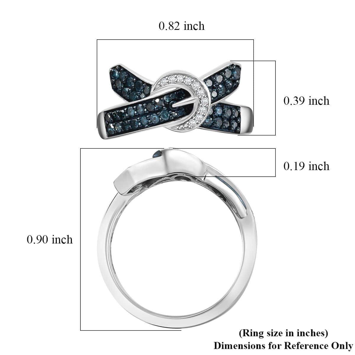 Blue and White Diamond 0.50 ctw Buckle Ring in Rhodium Over Sterling Silver (Size 10.0) image number 5