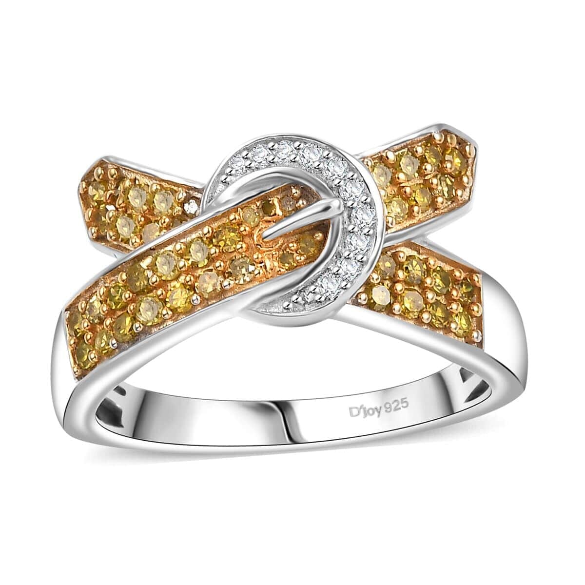 Yellow Diamond (IR), White Diamond Buckle Ring in Rhodium Over Sterling Silver (Size 5.0) 0.50 ctw image number 0