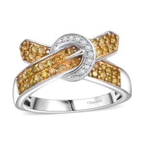 Yellow Diamond (IR), White Diamond Buckle Ring in Rhodium Over Sterling Silver (Size 5.0) 0.50 ctw