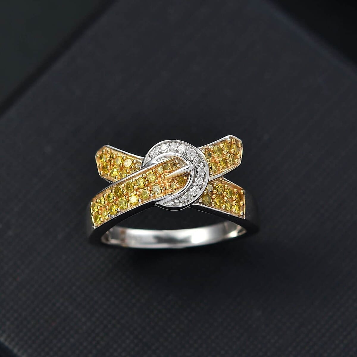 Yellow Diamond (IR), White Diamond Buckle Ring in Rhodium Over Sterling Silver (Size 5.0) 0.50 ctw image number 1