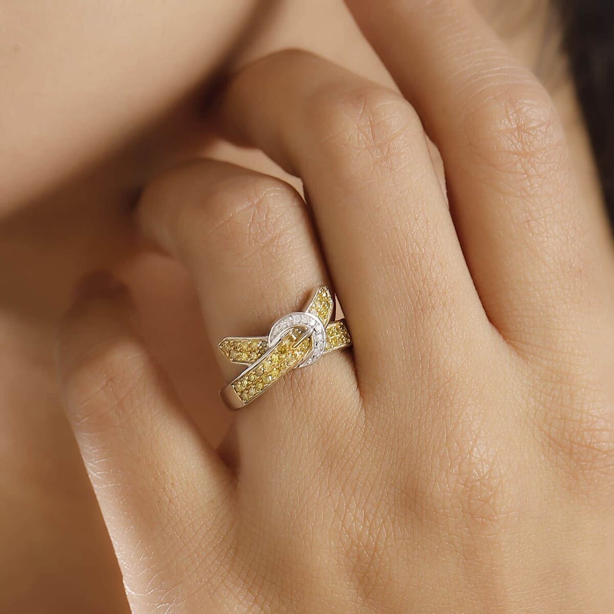 Yellow Diamond (IR), White Diamond Buckle Ring in Rhodium Over Sterling Silver (Size 5.0) 0.50 ctw image number 2