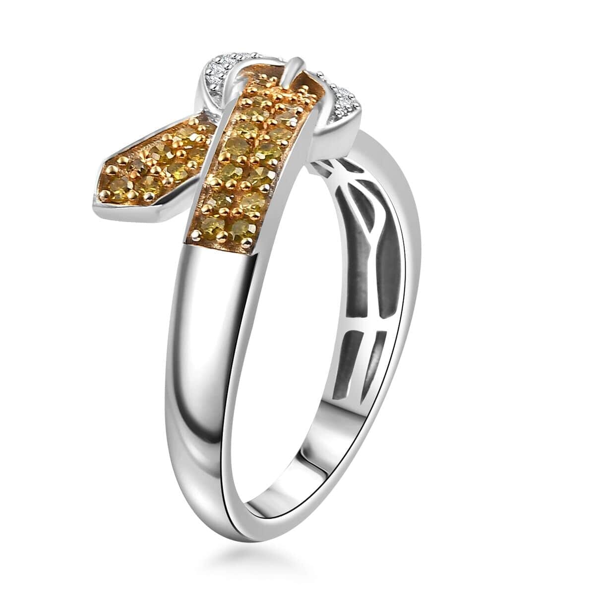 Yellow Diamond (IR), White Diamond Buckle Ring in Rhodium Over Sterling Silver (Size 5.0) 0.50 ctw image number 3