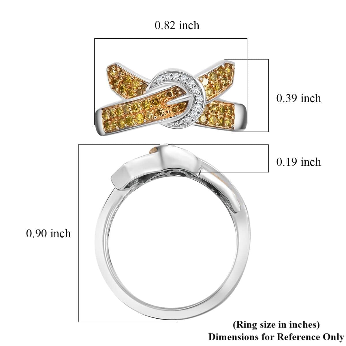 Yellow Diamond (IR), White Diamond Buckle Ring in Rhodium Over Sterling Silver (Size 5.0) 0.50 ctw image number 5