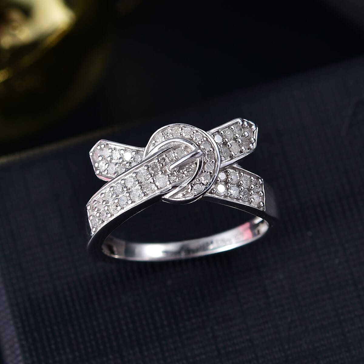 White Diamond 0.50 ctw Buckle Ring in Rhodium Over Sterling Silver (Size 6.0) image number 1