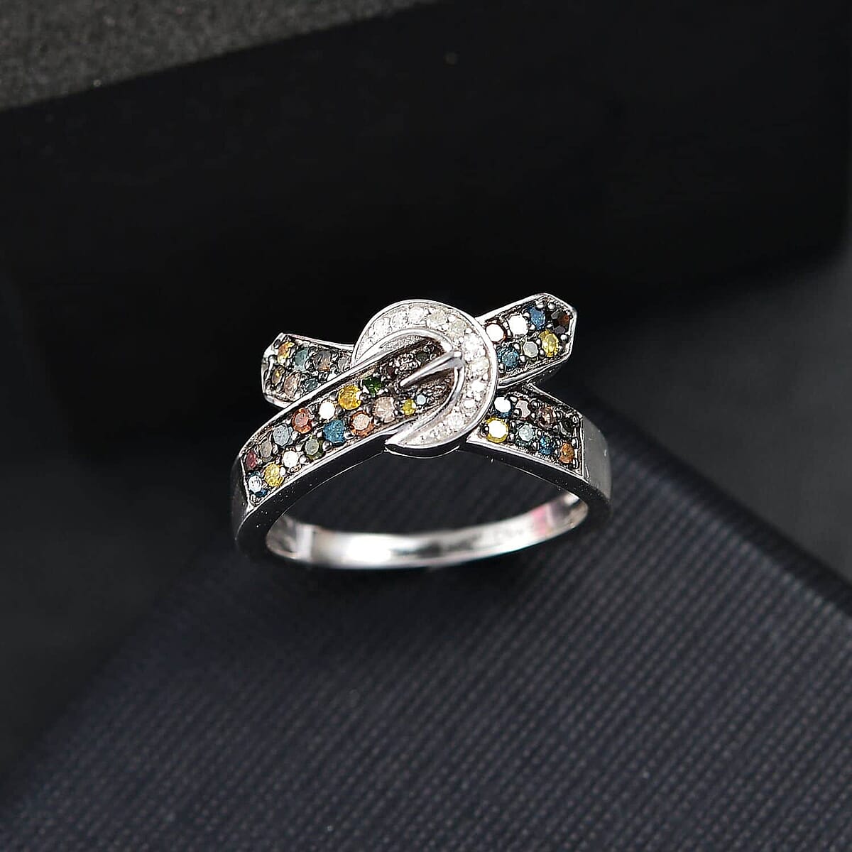 D'Joy Multi Diamond 0.50 ctw Buckle Ring in Rhodium Over Sterling Silver (Size 10.0) image number 1