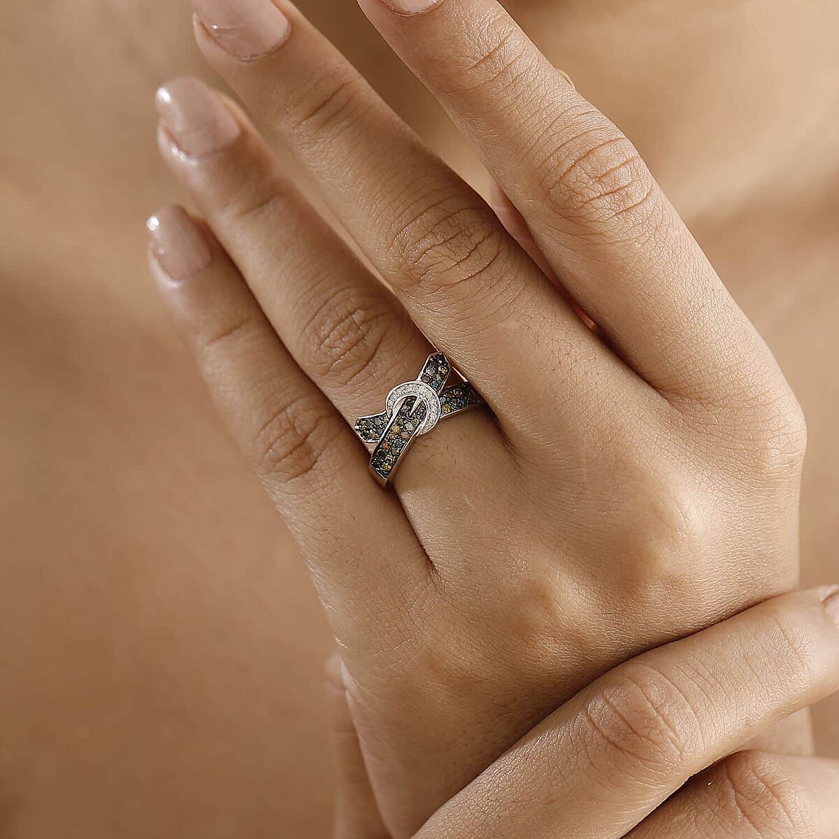 D'Joy Multi Diamond 0.50 ctw Buckle Ring in Rhodium Over Sterling Silver (Size 10.0) image number 2