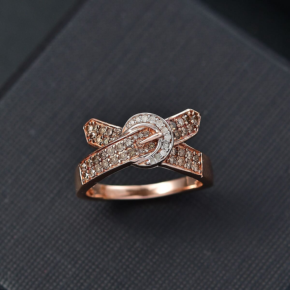 D'Joy Natural Champagne and White Diamond 0.50 ctw Buckle Ring in 18K Vermeil RG Over Sterling Silver (Size 7.0) image number 1