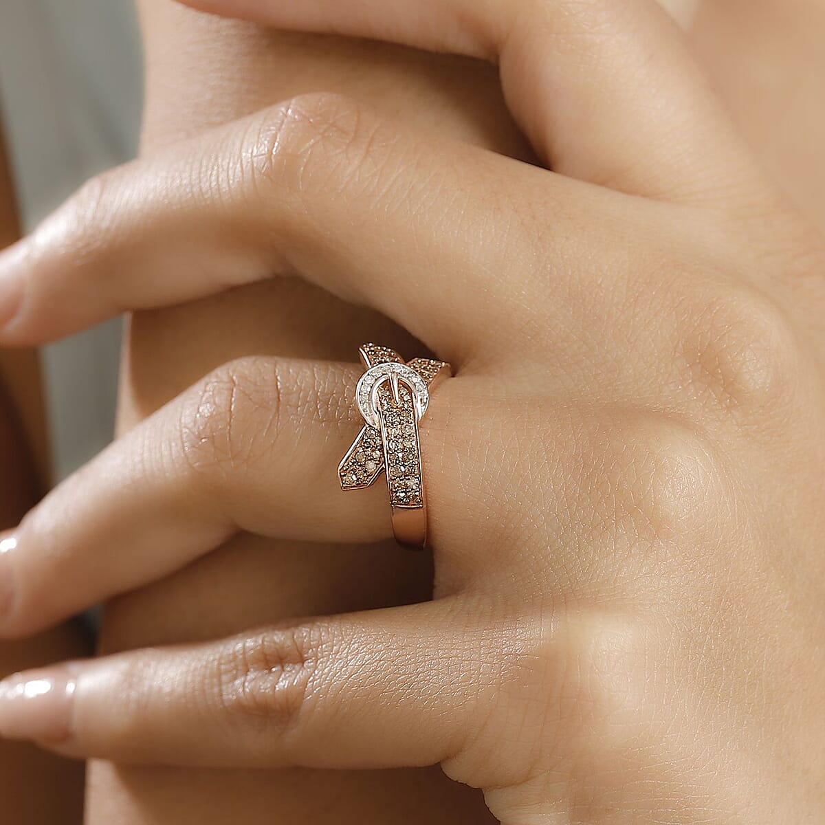 D'Joy Natural Champagne and White Diamond 0.50 ctw Buckle Ring in 18K Vermeil RG Over Sterling Silver (Size 7.0) image number 2