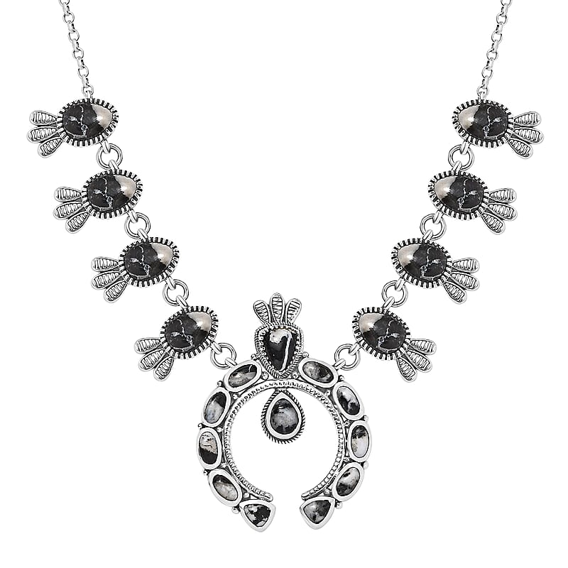 D'Joy Artisan Crafted White Buffalo 21.25 ctw Squash Blossom Necklace in Black Oxidized Sterling Silver 18 Inches