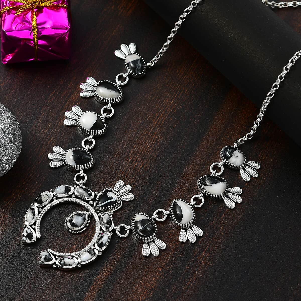 Artisan Crafted White Buffalo 21.25 ctw Squash Blossom Necklace in Black Oxidized Sterling Silver 18 Inches image number 1