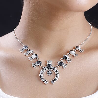 D'Joy Artisan Crafted White Buffalo 21.25 ctw Squash Blossom Necklace in Black Oxidized Sterling Silver 18 Inches