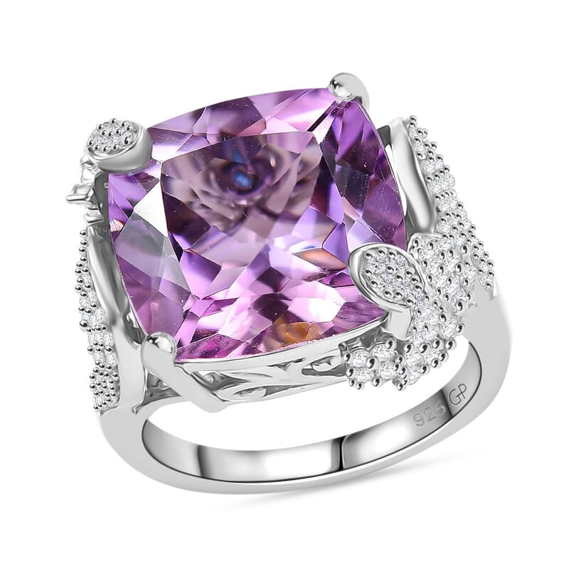 GP Trionfo Collection Rose De France Pink Amethyst and White Zircon 13.00 ctw Cleopatra Ring in Rhodium Over Sterling Silver (Size 10.0) 