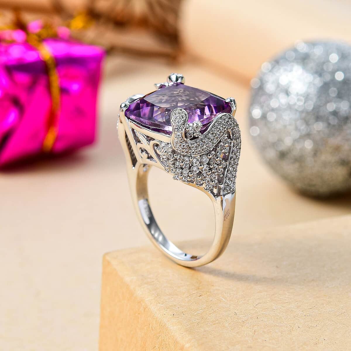 GP Rose De France Pink Amethyst, White Zircon Ring in Rhodium Over Sterling Silver (Size 9.0) 13.00 ctw image number 1