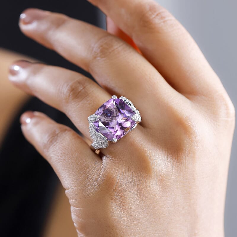 GP Trionfo Collection Rose De France Pink Amethyst and White Zircon 13.00 ctw Cleopatra Ring in Rhodium Over Sterling Silver (Size 10.0) 