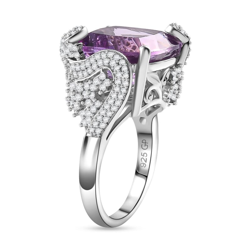 GP Trionfo Collection Rose De France Pink Amethyst and White Zircon 13.00 ctw Cleopatra Ring in Rhodium Over Sterling Silver (Size 10.0) 