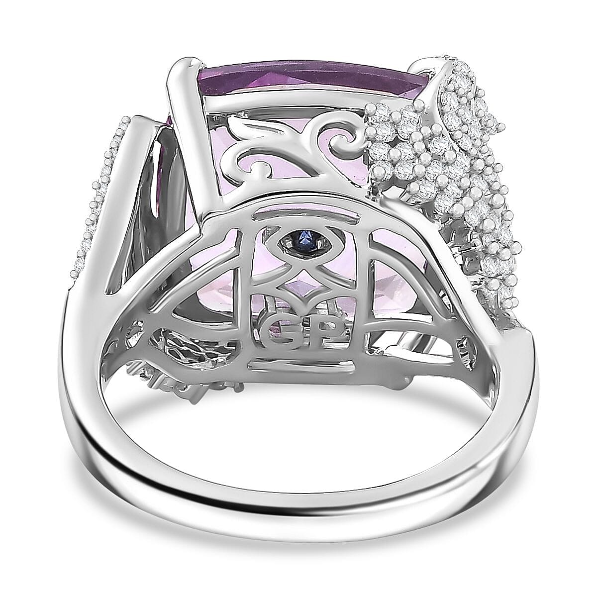 GP Trionfo Collection Rose De France Pink Amethyst and White Zircon 13.00 ctw Cleopatra Ring in Rhodium Over Sterling Silver (Size 10.0) 