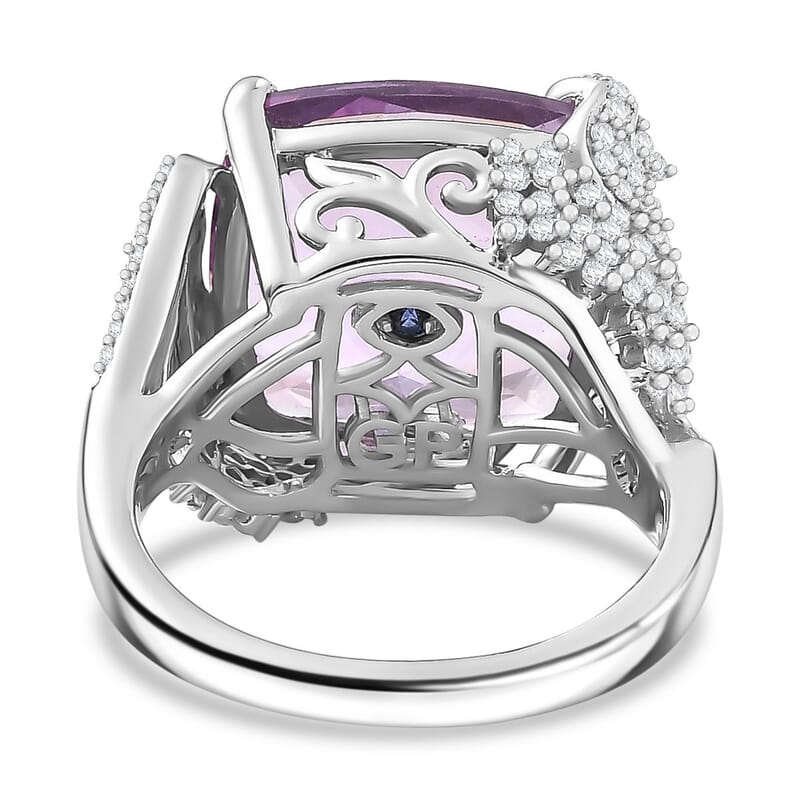 GP Trionfo Collection Rose De France Pink Amethyst and White Zircon 13.00 ctw Cleopatra Ring in Rhodium Over Sterling Silver (Size 10.0) 