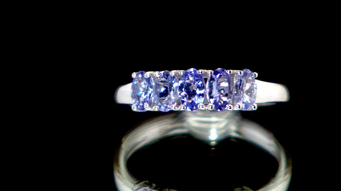 Tanzanite 5 Stone Ring in Rhodium Over Sterling Silver (Size 10.0) 1.10 ctw