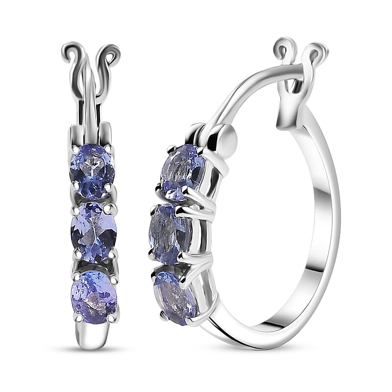 D'Joy Tanzanite 1.00 ctw Hoop Earrings in Rhodium Over Sterling Silver