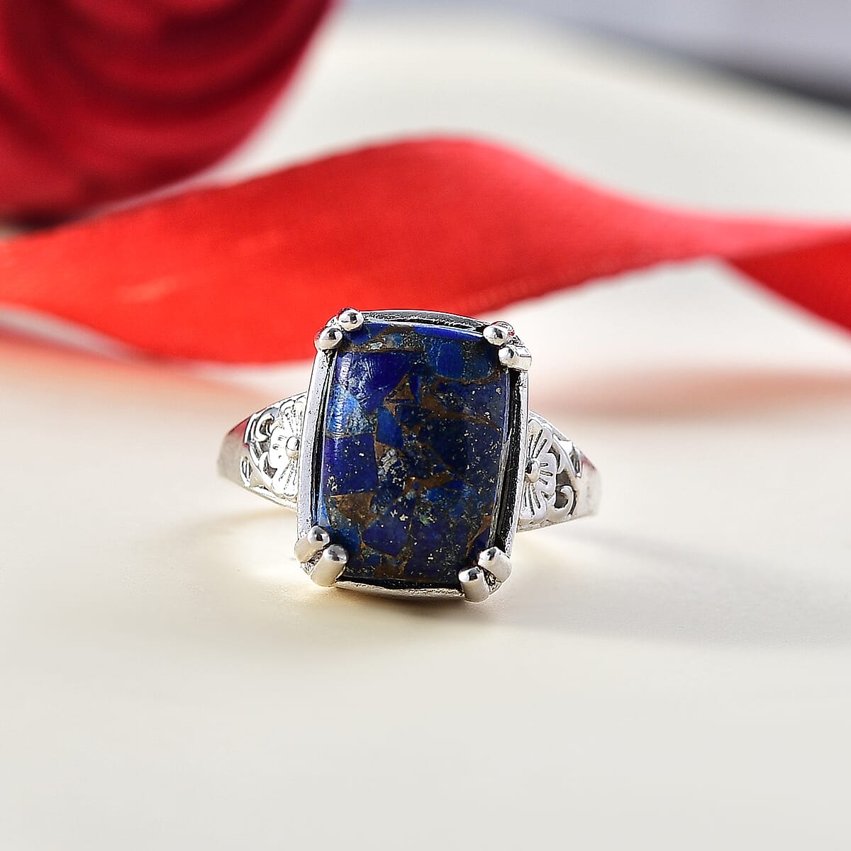 Matrix Lapis Lazuli 7.50 ctw Solitaire Ring in Platinum Over Copper with Magnet (Size 8.0) image number 1