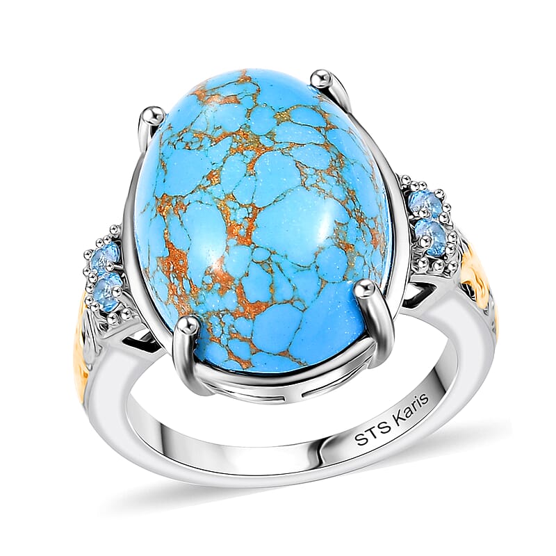 Karis Mojave Blue Turquoise and Signity Blue Topaz 10.30 ctw Ring in 18K YG Plated and Platinum Bond (Size 10.0)