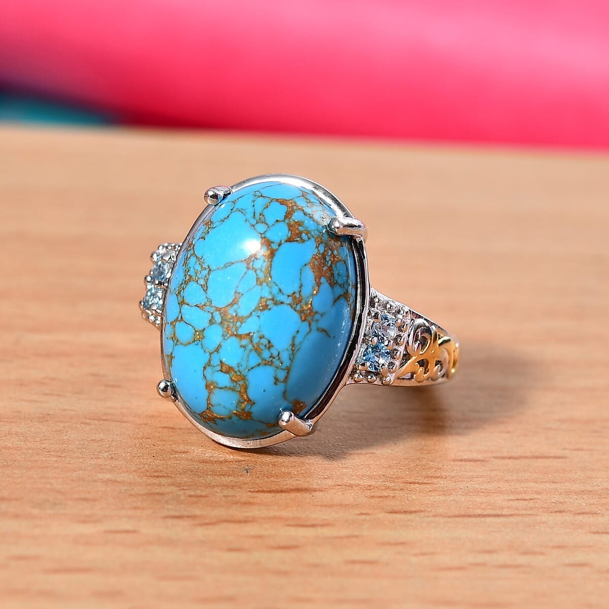 Karis Mojave Blue Turquoise and Signity Blue Topaz 10.30 ctw Ring in 18K YG Plated and Platinum Bond (Size 9.0) image number 1