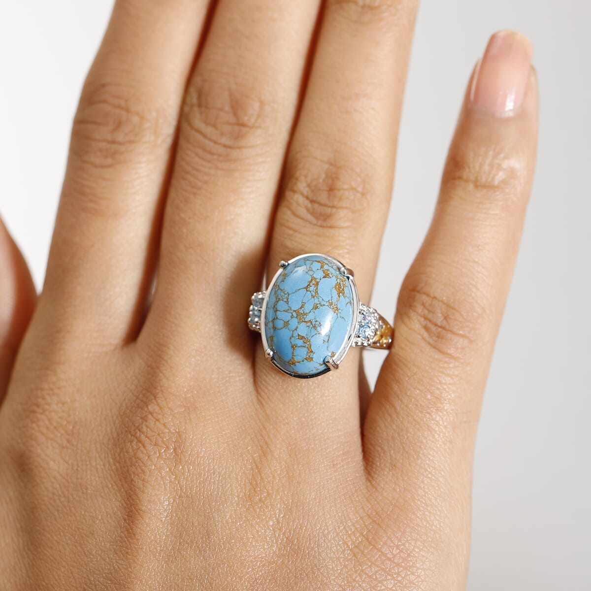Karis Mojave Blue Turquoise and Signity Blue Topaz 10.30 ctw Ring in 18K YG Plated and Platinum Bond (Size 9.0) image number 2