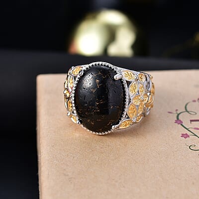 Matrix Silver Shungite 8.65 ctw Solitaire Ring in 14K YG Over and Platinum Over Copper with Magnet (Size 10.0)