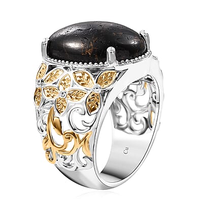 Matrix Silver Shungite 8.65 ctw Solitaire Ring in 14K YG Over and Platinum Over Copper with Magnet (Size 10.0)