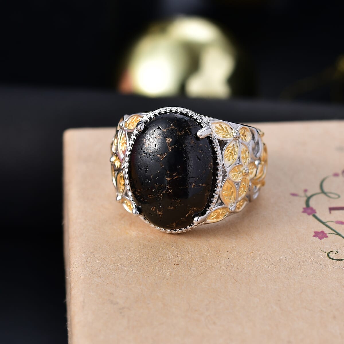 Matrix Silver Shungite 8.65 ctw Solitaire Ring in 14K YG Over and Platinum Over Copper with Magnet (Size 5.0) image number 1