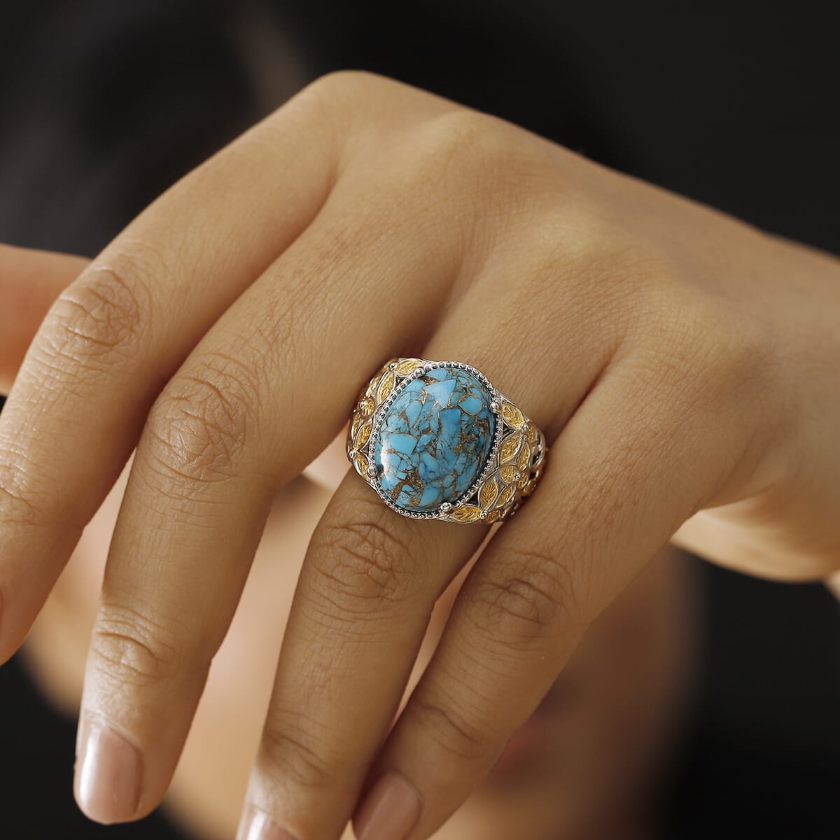 Chestnut Brine Turquoise 12.75 ctw Solitaire Ring in 14K YG Over and Platinum Over Copper with Magnet (Size 6.0) image number 2