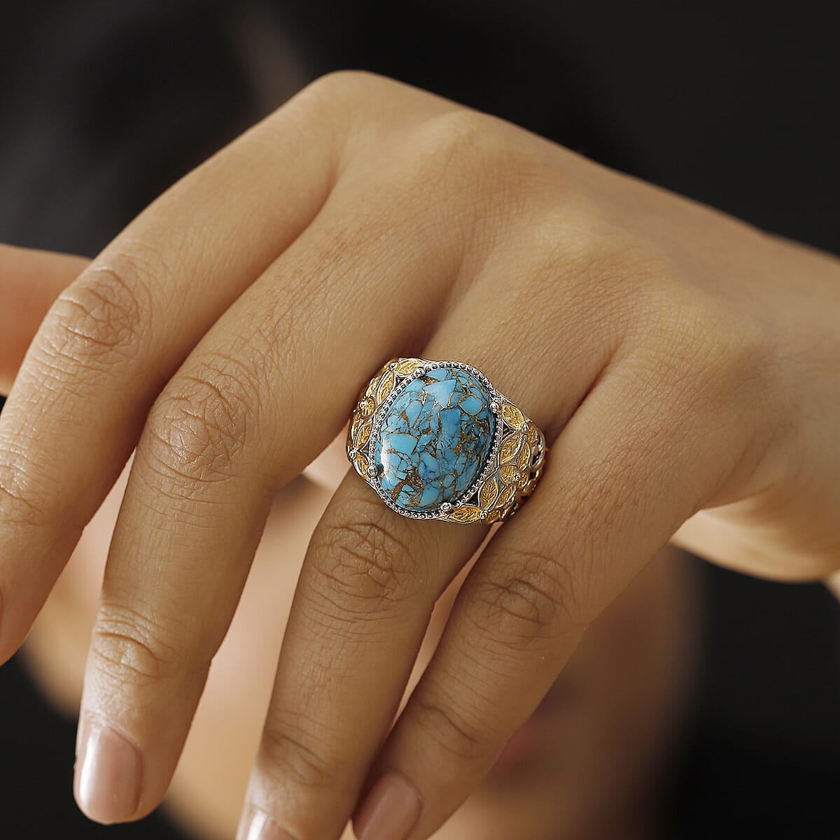 Chestnut Brine Turquoise Solitaire Ring in 14K YG Over and Platinum Over Copper with Magnet (Size 9.0) 12.75 ctw image number 2