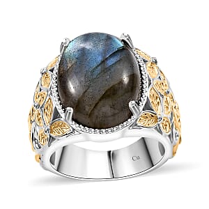 Malagasy Labradorite 15.70 ctw Solitaire Ring in 14K YG Over and Platinum Over Copper with Magnet (Size 9.0)