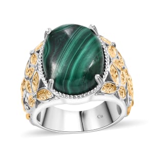 African Malachite 14.15 ctw Solitaire Ring in 14K YG Over and Platinum Over Copper with Magnet (Size 7.0)