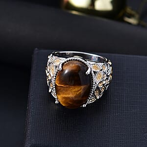 Tigers Eye 13.00 ctw Solitaire Ring in 14K YG Over and Platinum Over Copper with Magnet (Size 7.0)