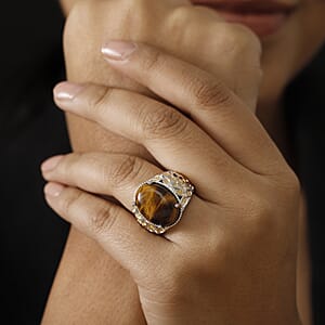 Tigers Eye 13.00 ctw Solitaire Ring in 14K YG Over and Platinum Over Copper with Magnet (Size 7.0)