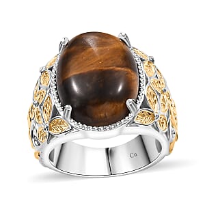 Tigers Eye 13.00 ctw Solitaire Ring in 14K YG Over and Platinum Over Copper with Magnet (Size 9.0)