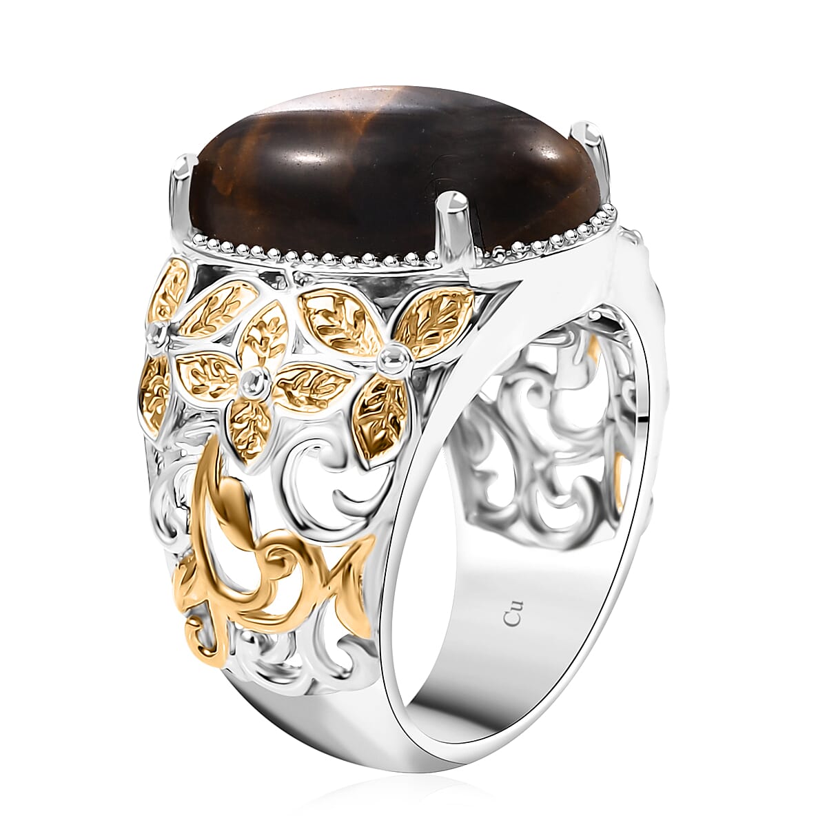 Tigers Eye 13.00 ctw Solitaire Ring in 14K YG Over and Platinum Over Copper with Magnet (Size 9.0) image number 3