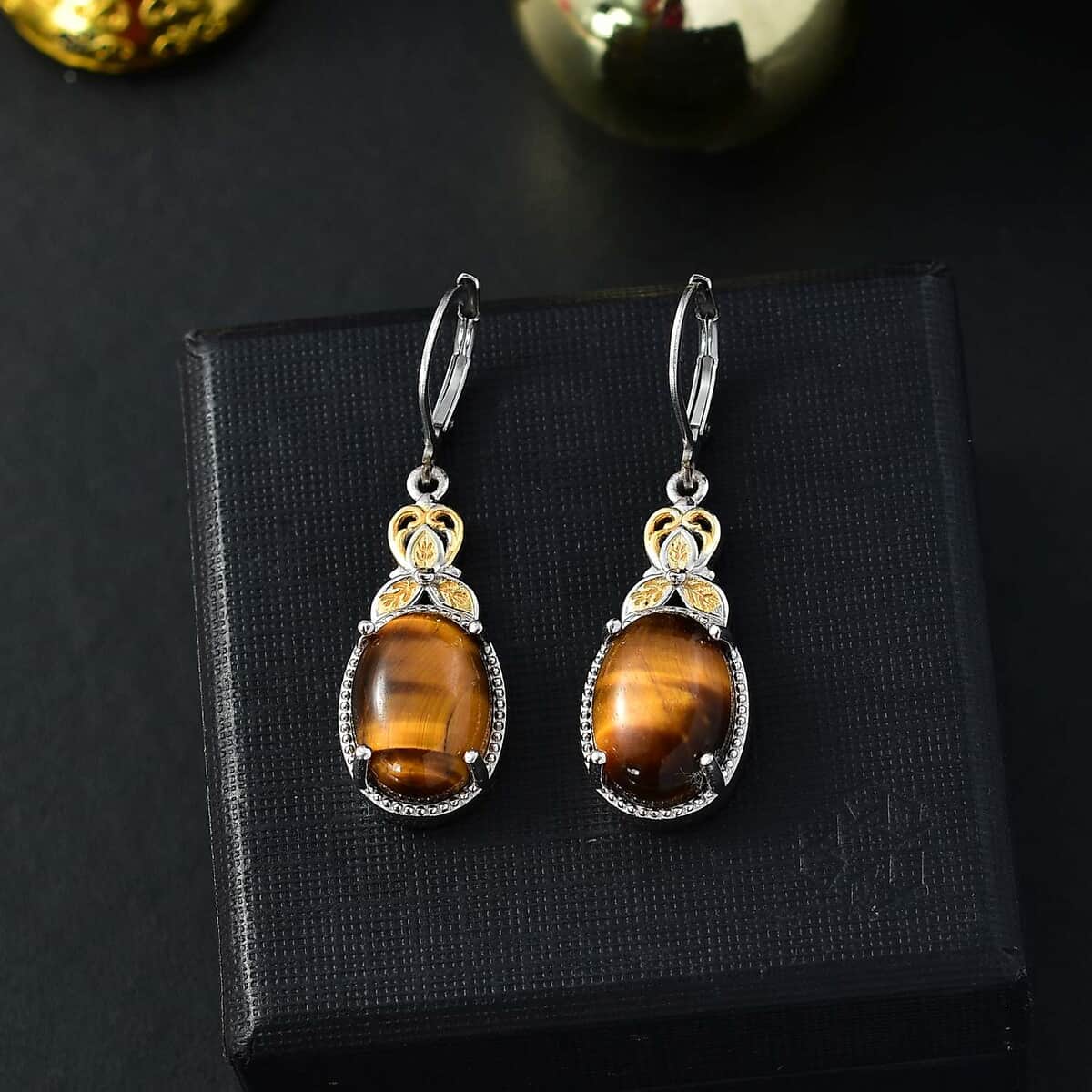 Tigers Eye 13.35 ctw Earrings in 14K YG and Platinum Over Copper with Magnet image number 1