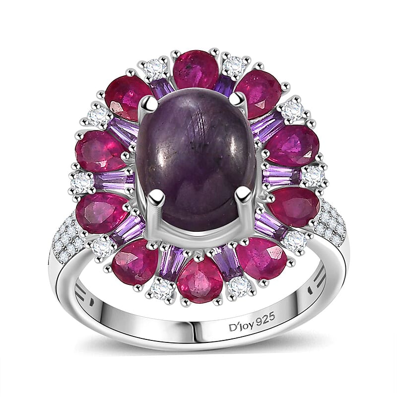 D'Joy Indian Star Ruby and Multi Gemstone 8.60 ctw Starlight Ring in Rhodium Over Sterling Silver (Size 10.0)