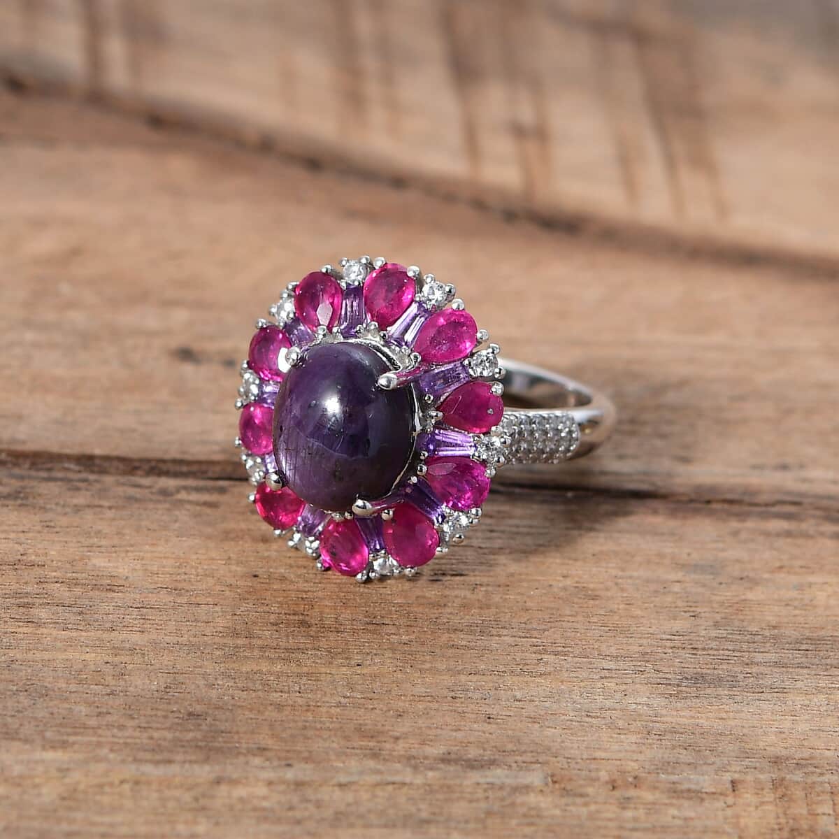 Doorbuster Indian Star Ruby and Multi Gemstone 8.60 ctw Starlight Ring in Rhodium Over Sterling Silver (Size 10.0) image number 1