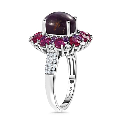 D'Joy Indian Star Ruby and Multi Gemstone 8.60 ctw Starlight Ring in Rhodium Over Sterling Silver (Size 10.0)